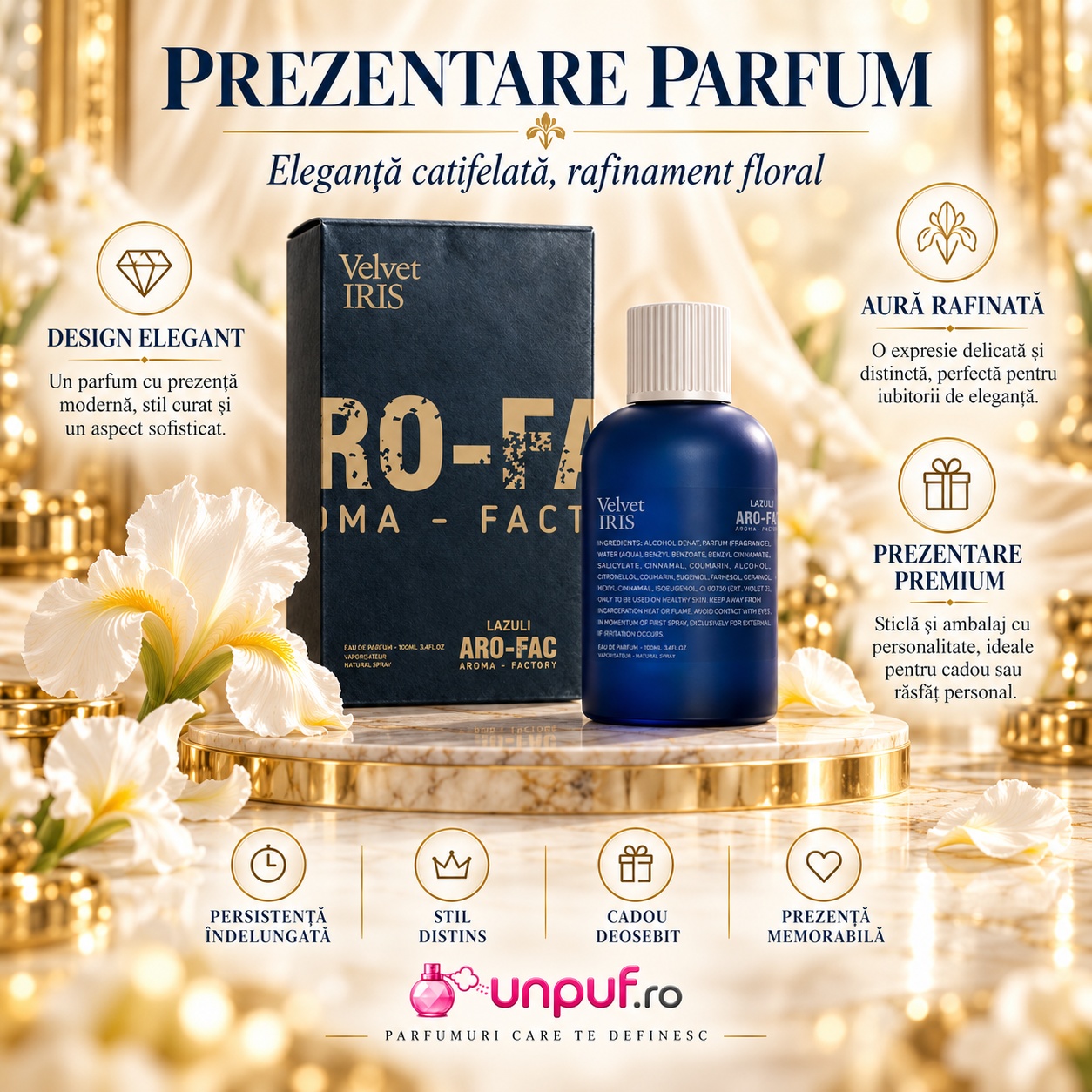 Prezentare Velvet Iris Aro-Fac Lazuli parfum arabesc de damă cu design elegant și aură rafinată
