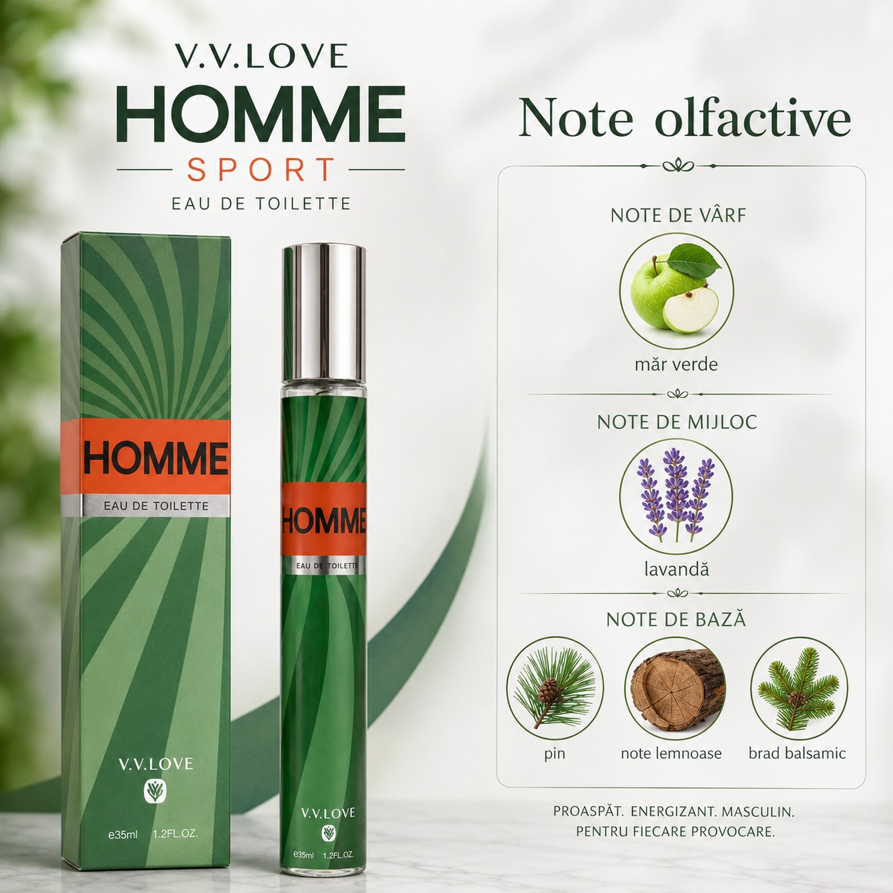 Note olfactive parfum Homme Sport măr verde lavandă pin note lemnoase brad balsamic