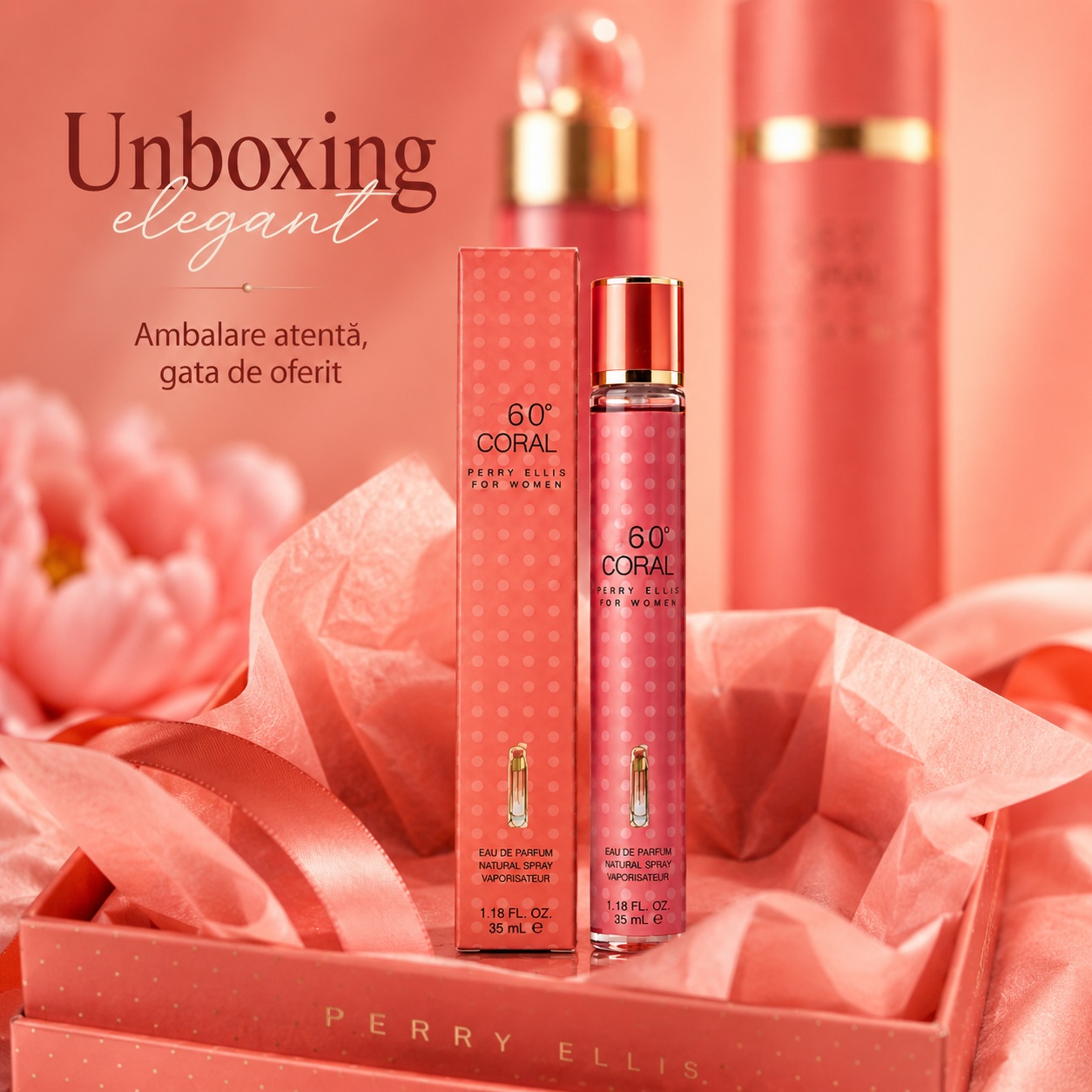 Stil unboxing 60 Coral For Women 35 ml ambalare atentă prezentare elegantă și feminină
