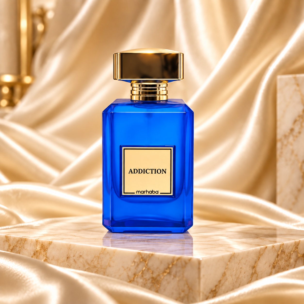 Flacon Addiction Marhaba parfum bărbătesc 100 ml cu sticlă albastră intensă și capac auriu