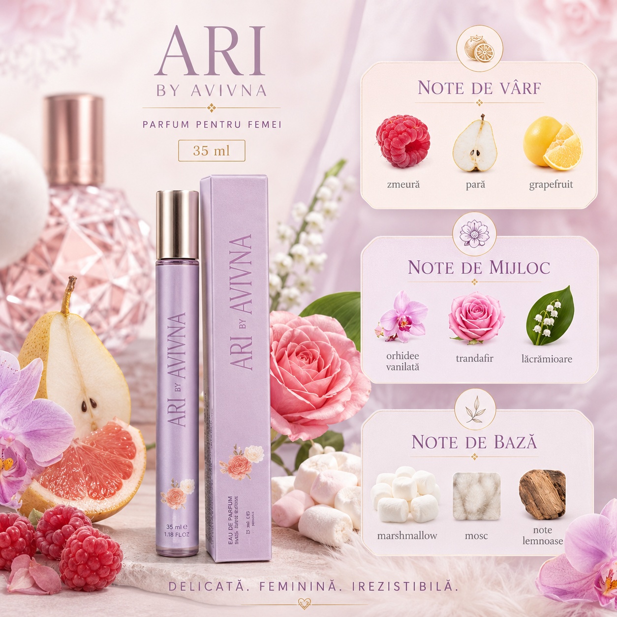 Note olfactive Ari by Avivna zmeură pară grapefruit orhidee trandafir lăcrămioare marshmallow mosc note lemnoase