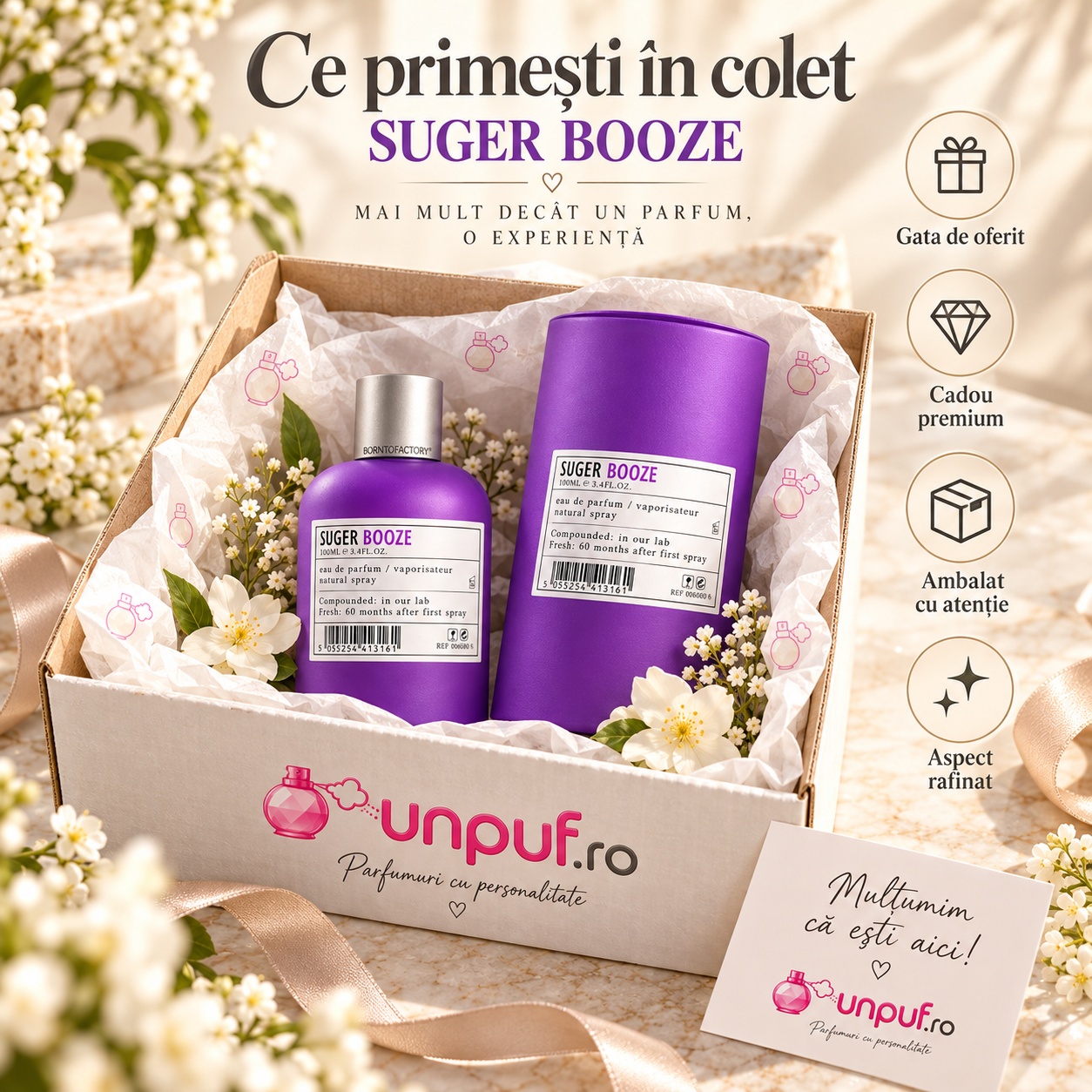Ce primești în colet Aro-Fac Booze Suger Eau de Parfum 100 ml ambalat premium pentru cadou