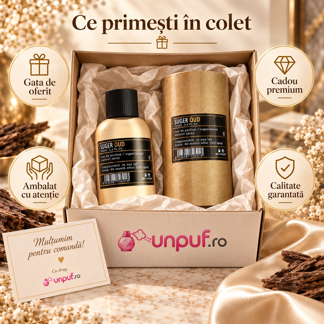 Ce primești în colet Aro-Fac Oud Suger Eau de Parfum 100 ml ambalat premium pentru cadou