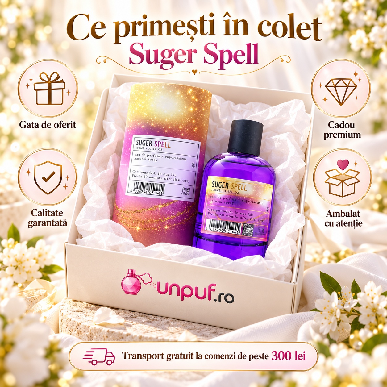 Ce primești în colet Aro-Fac Suger Spell Eau de Parfum 100 ml parfum unisex ambalat premium pentru cadou