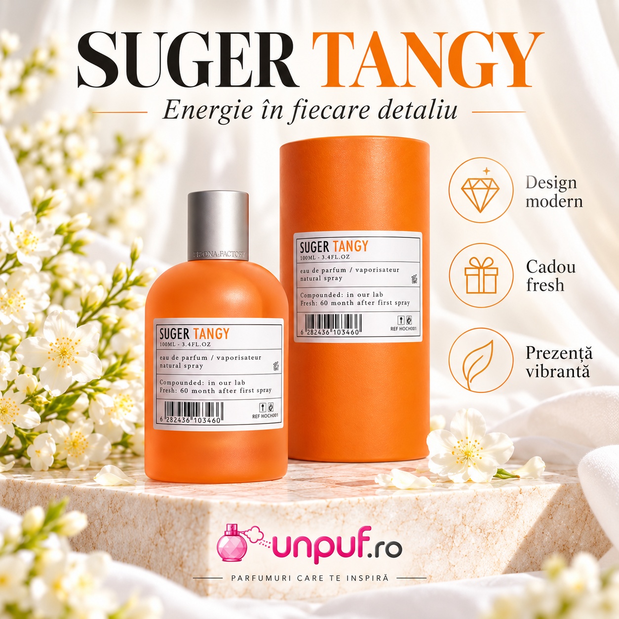 Prezentare Aro-Fac Tangy Suger parfum unisex cu design modern cadou fresh și prezență vibrantă