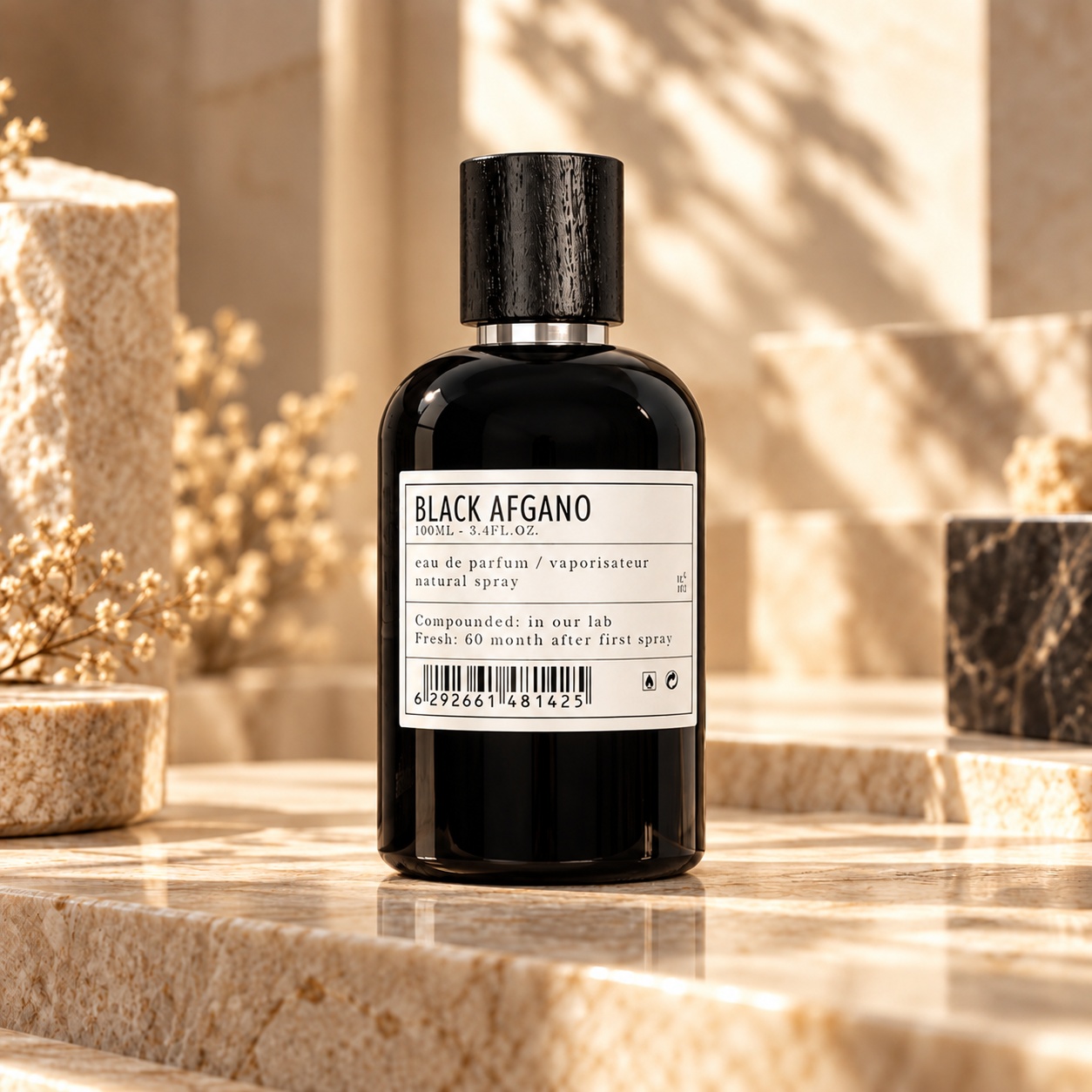 Flacon Black Afgano Aro-Fac parfum unisex 100 ml cu design negru și etichetă minimalistă