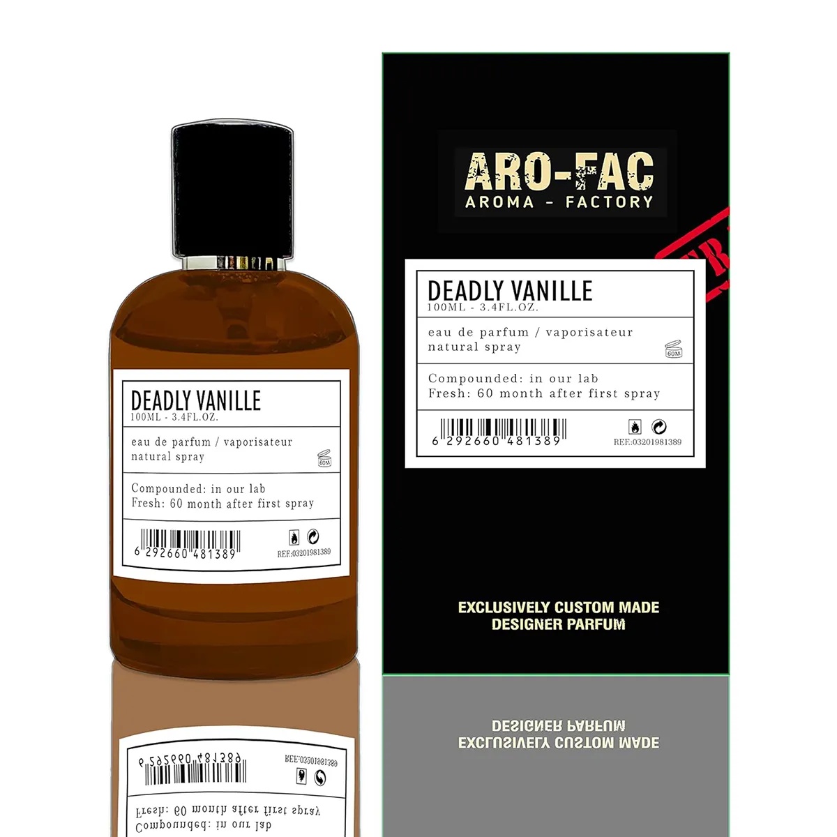 Deadly Vanille Aro-Fac Eau de Parfum 100 ml cu flacon și cutie pe fundal alb