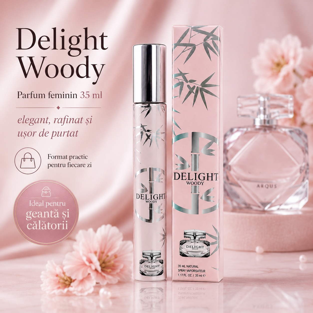 Delight Woody parfum feminin 35 ml elegant rafinat și ideal pentru geantă