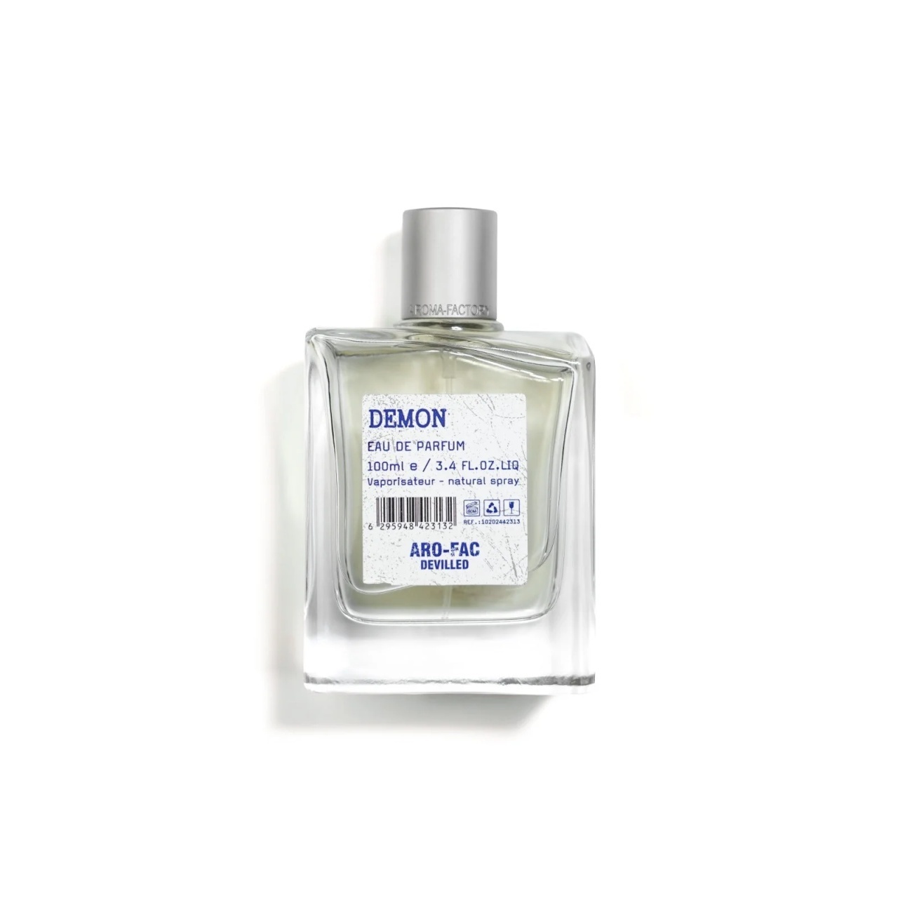 Flacon Demon ARO-FAC Eau de Parfum 100 ml pe fundal alb cu etichetă albastră și capac argintiu