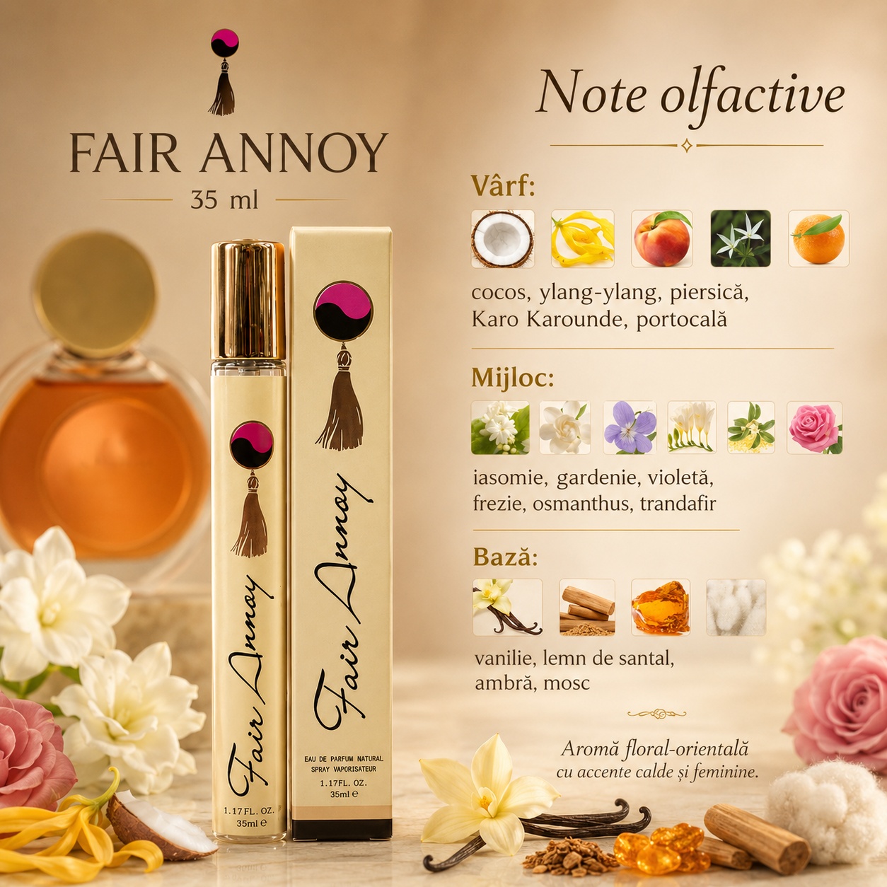 Note olfactive Fair Annoy cocos ylang ylang piersică portocală iasomie gardenie trandafir vanilie ambră mosc