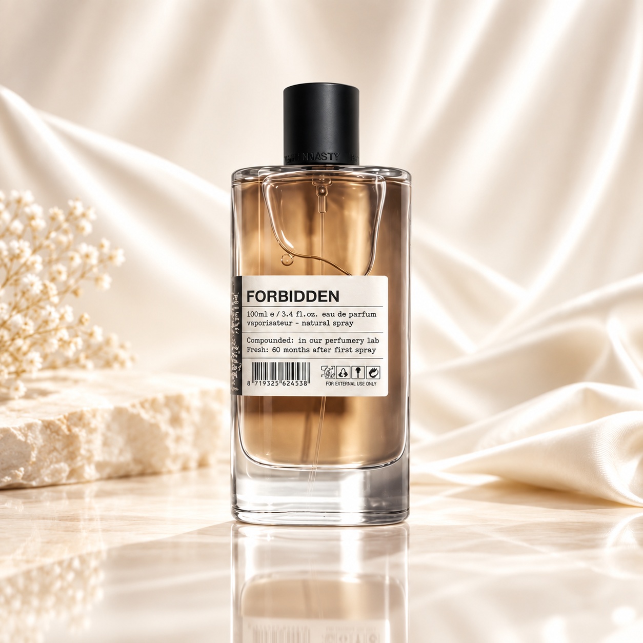 Flacon Forbidden ARO-FAC parfum unisex 100 ml cu lichid ambrat și etichetă minimalistă
