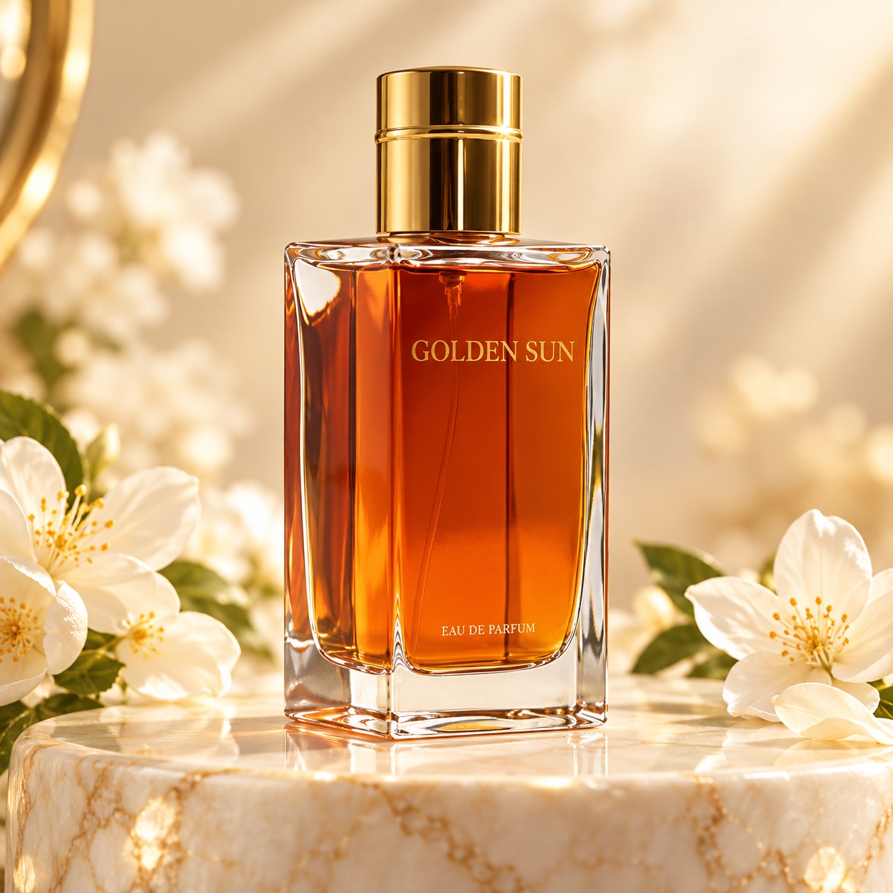 Flacon Golden Sun parfum unisex 100 ml cu lichid ambrat și capac auriu