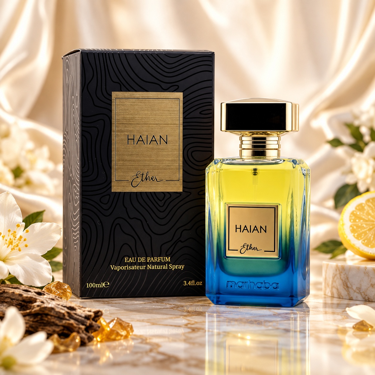 Haian Ether x Marhaba parfum unisex EDP 100 ml, flacon degradé galben albastru și cutie neagră premium cu etichetă aurie
