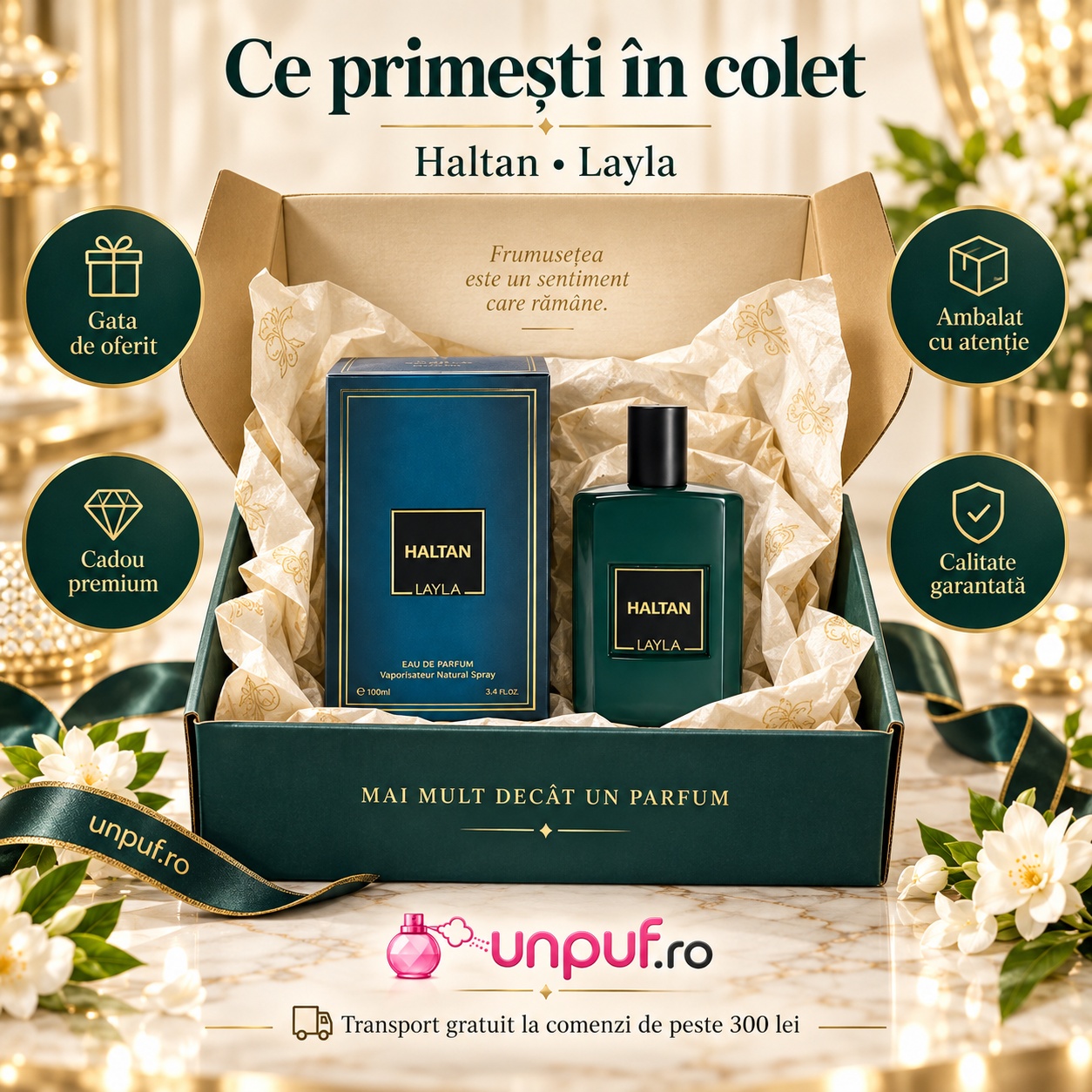 Ce primești în colet Haltan Yalla Eau de Parfum 50 ml ambalat premium pentru cadou