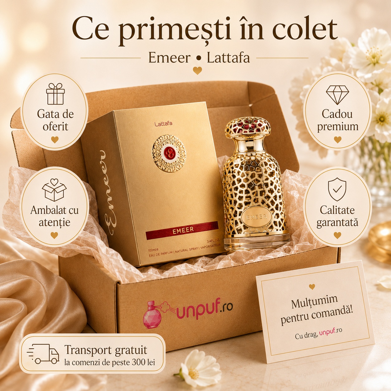Ce primești &icirc;n colet Lattafa Emeer 100 ml parfum arăbesc unisex ambalat cu atenție gata de oferit cadou