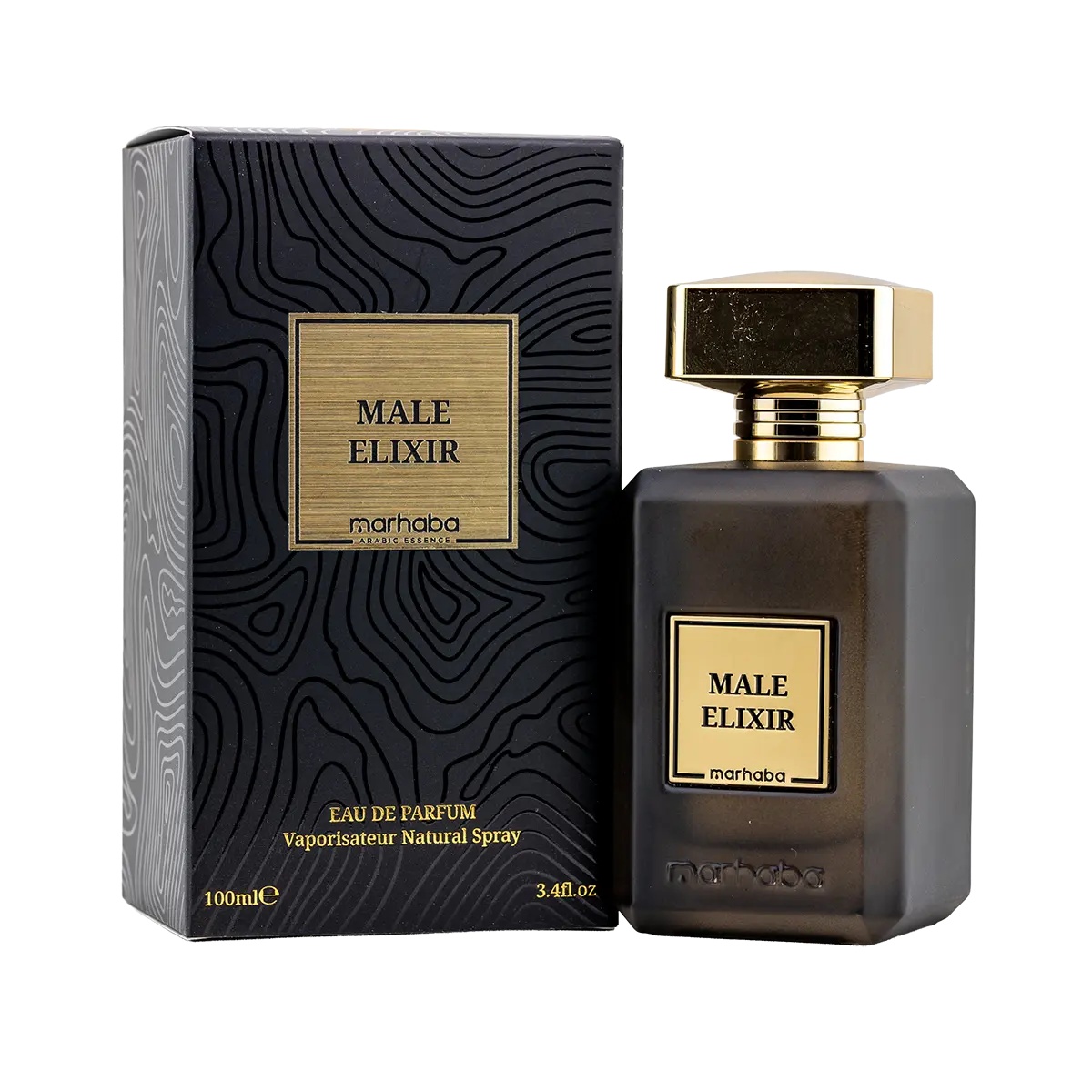 Male Elixir Marhaba Eau de Parfum 100 ml cu sticlă și cutie pe fundal alb
