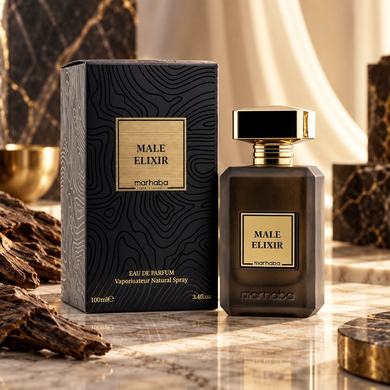 Male Elixir Marhaba Eau de Parfum 100 ml parfum bărbătesc inspirat de Le Male Elixir cu flacon fumuriu și cutie neagră premium