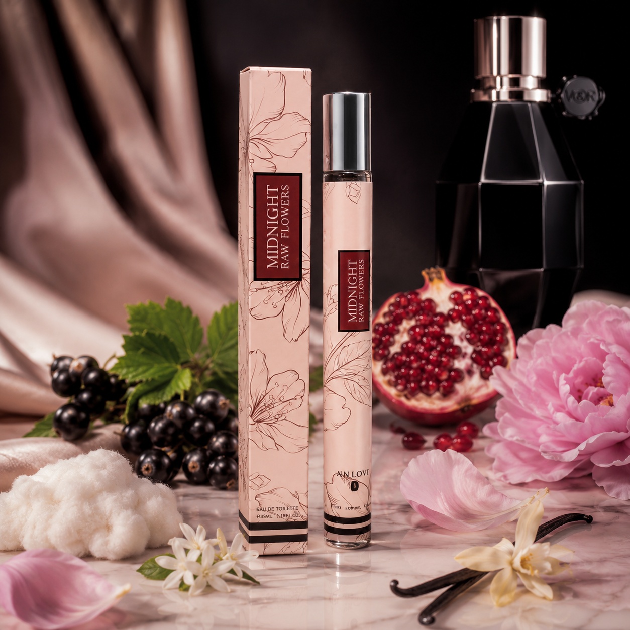 Midnight Raw Flowers 35 ml parfum damă cu note fructate, flori albe, mosc și vanilie