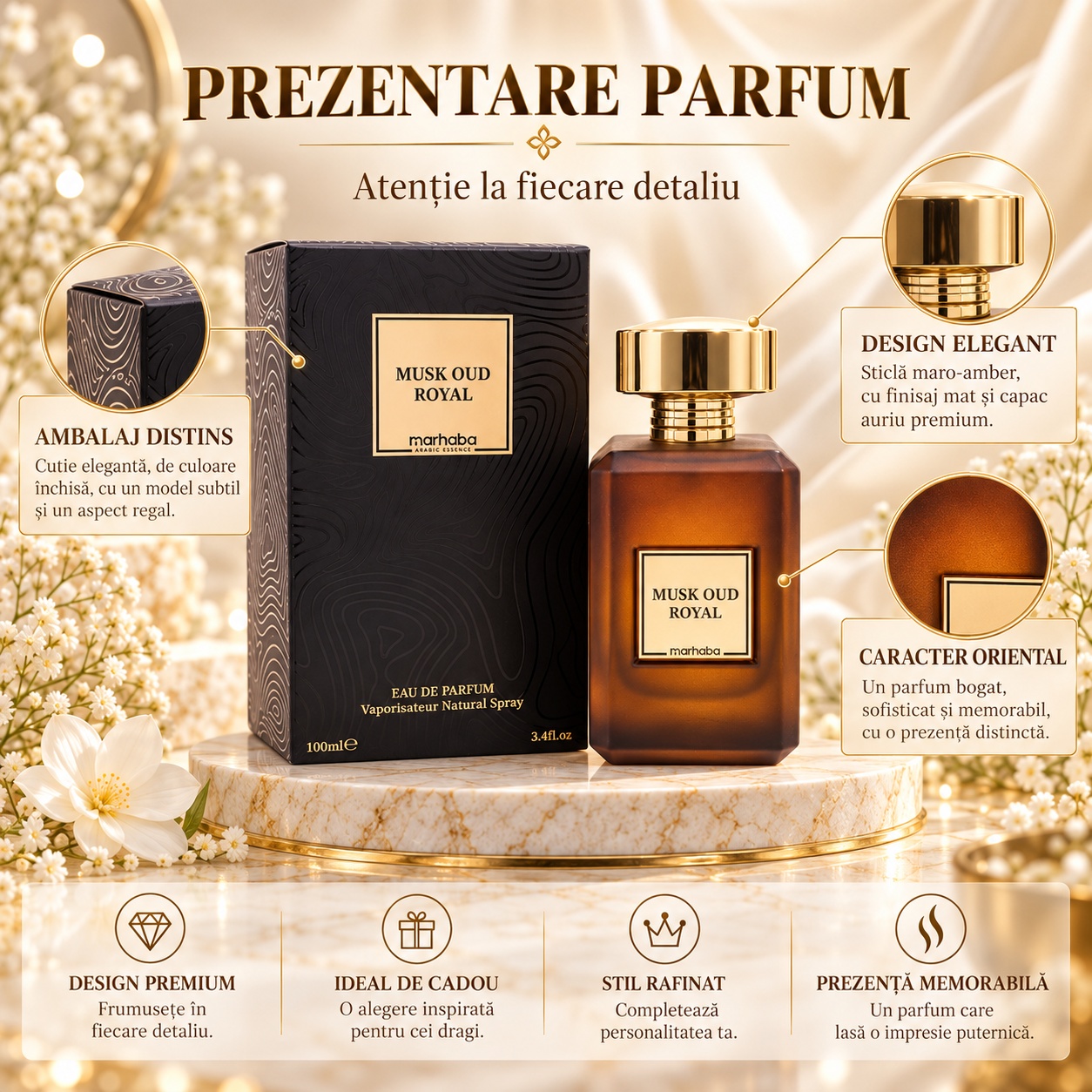 Prezentare parfum Musk Oud Extreme Marhaba cu ambalaj premium și caracter oriental