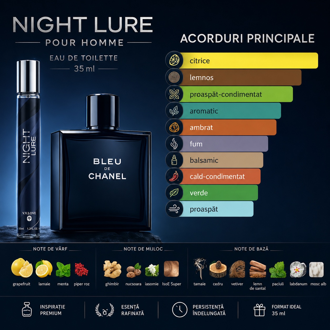 Acorduri principale Night Lure Pour Homme citrice lemnos proaspăt condimentat aromatic ambrat fum balsamic verde și proaspăt