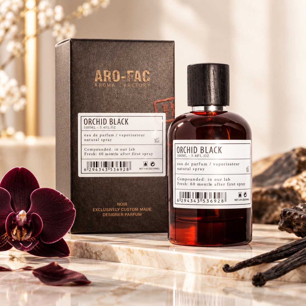 Orchid Black Aro-Fac Eau de Parfum 100 ml parfum unisex floral oriental cu sticlă brună și cutie premium