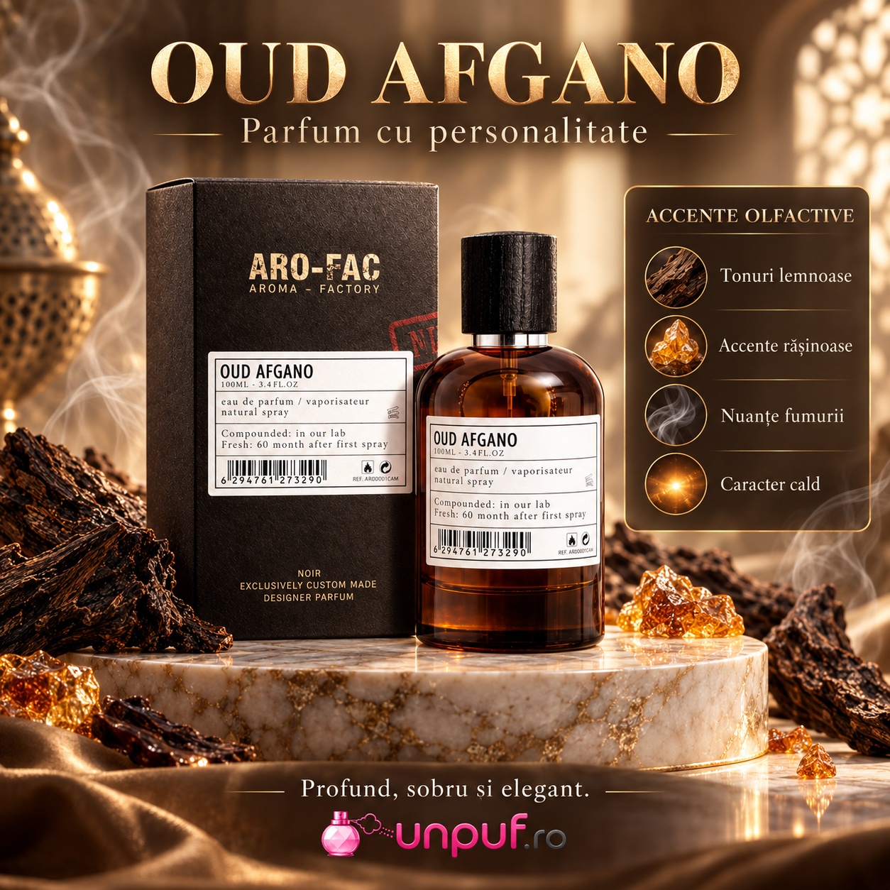 Oud Afgano Aro-Fac parfum unisex cu personalitate profundă accente fumurii și caracter cald