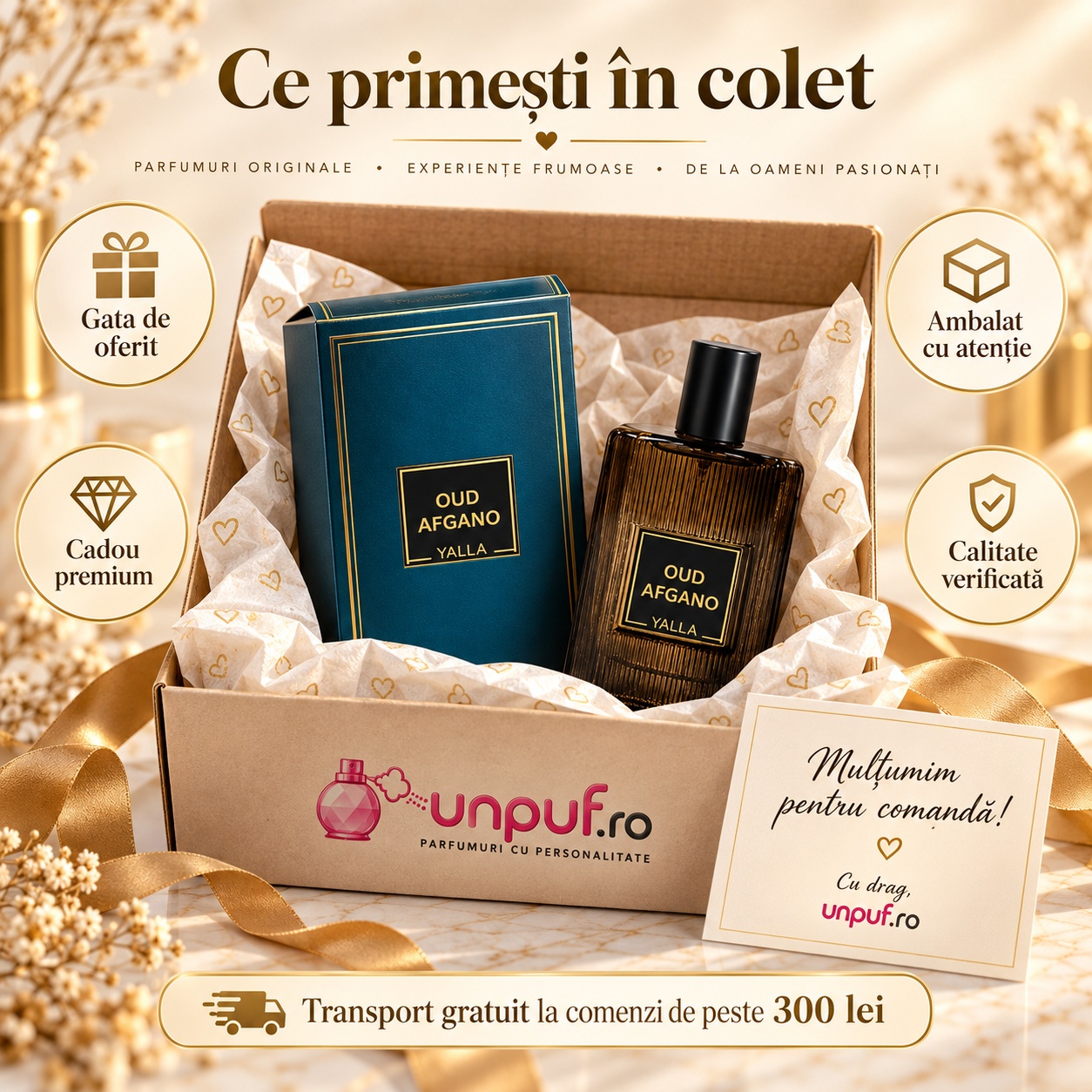 Ce primești în colet Oud Afgano Yalla parfum 50 ml ambalat premium pentru cadou