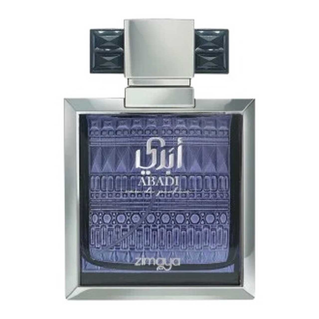 Parfum Abadi Zimaya 100 ml pe fundal alb cu flacon original albastru violet și cadru argintiu