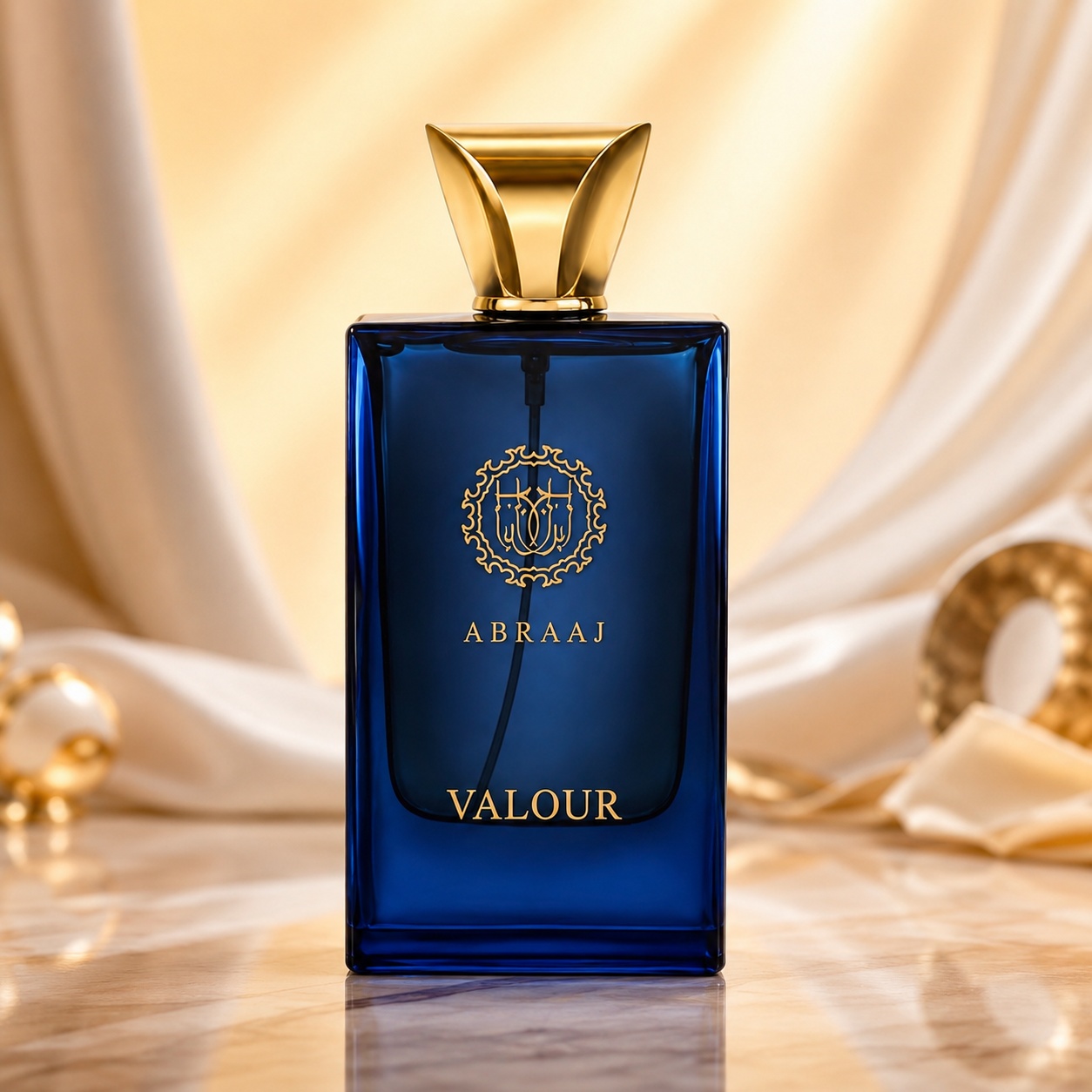 Flacon Abraaj Valour Fragrance World 100 ml parfum bărbat albastru profund cu capac auriu premium