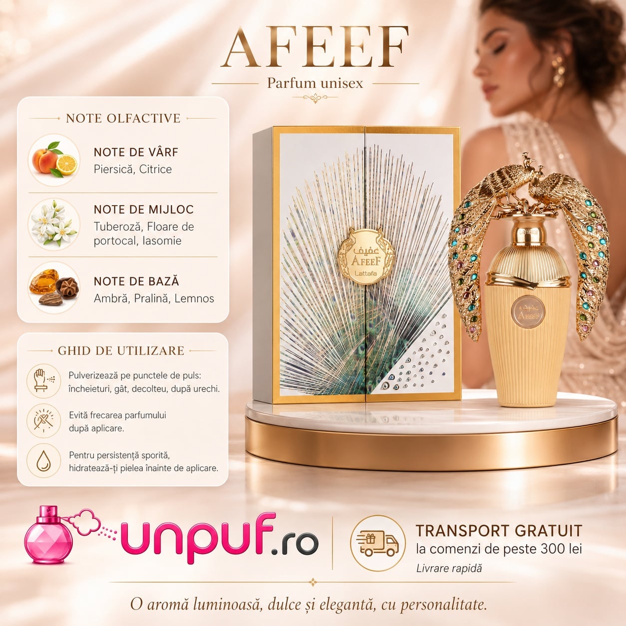 Lattafa Afeef parfum unisex cu note de vârf piersică și citrice, note de mijloc tuberoză, floare de portocal și iasomie, note de bază ambră, pralină și lemnos