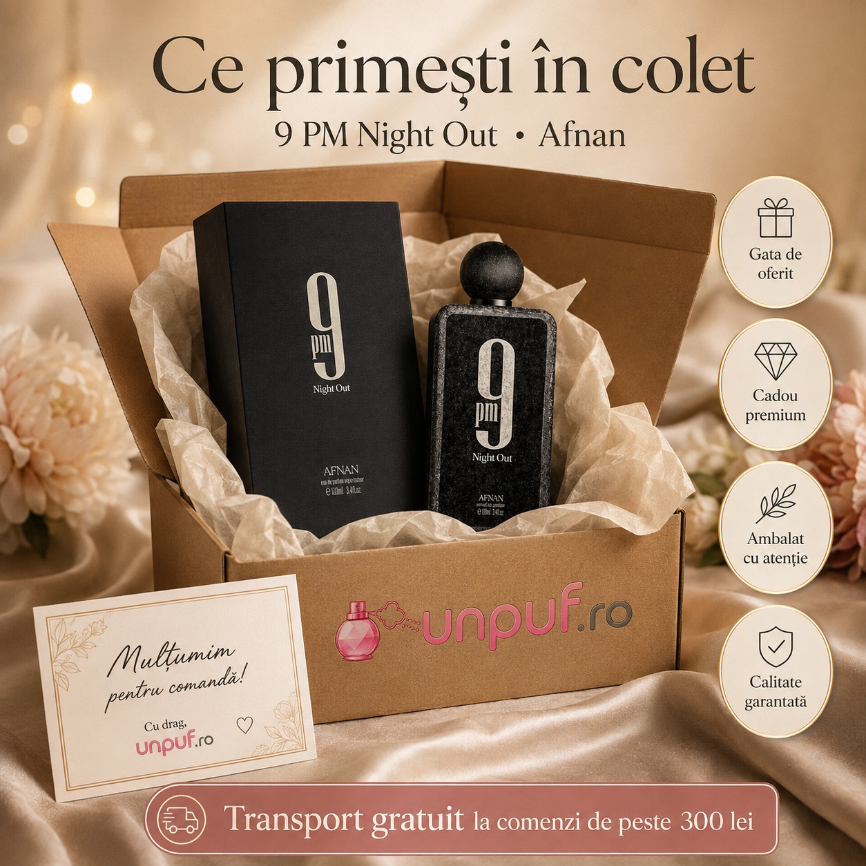 Ce primești în colet Afnan 9 PM Night Out 100 ml
