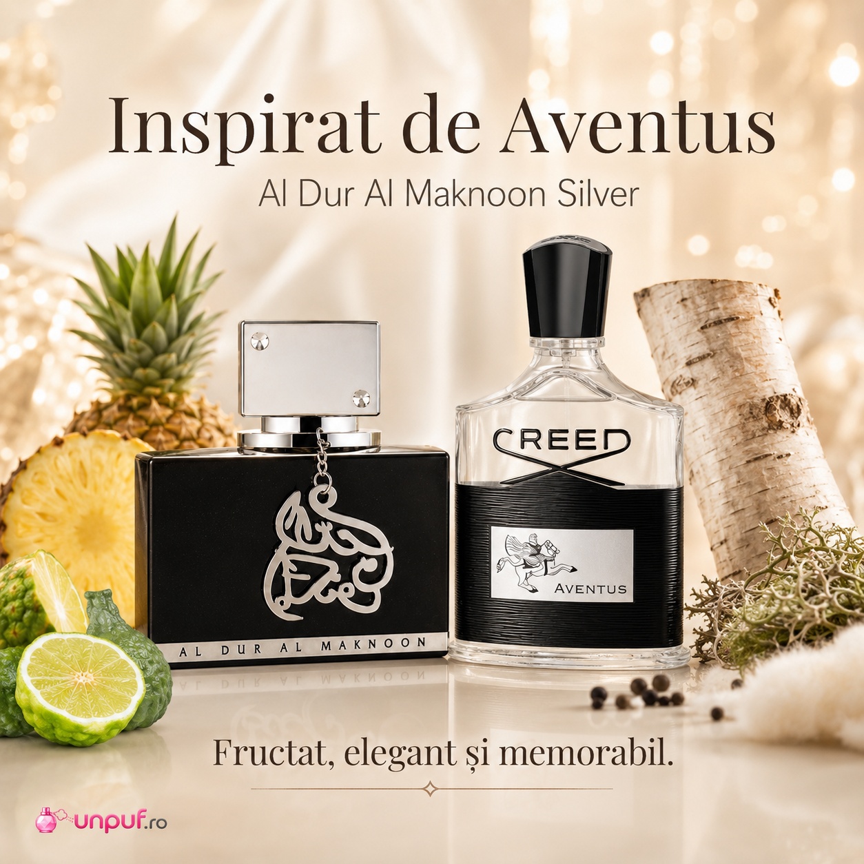 Al Dur Al Maknoon Silver Lattafa inspirat de Aventus For Him Creed parfum fructat elegant și memorabil