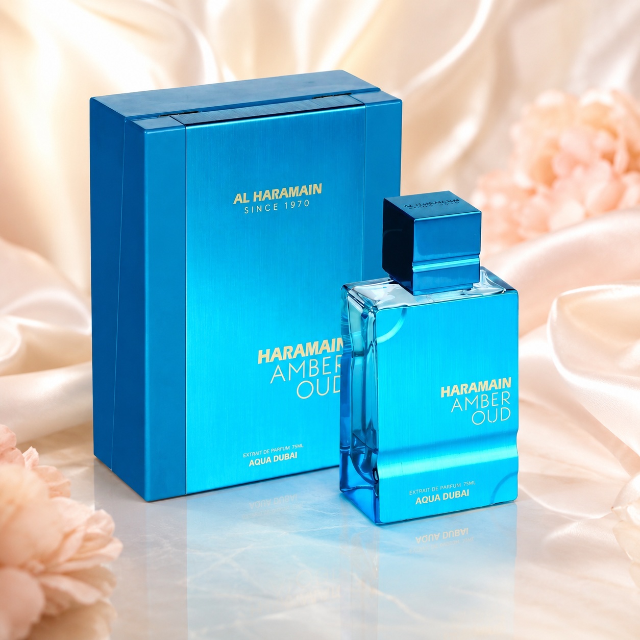 Parfum Al Haramain Amber Oud Aqua Dubai 75 ml, sticlă albastră premium și cutie elegantă