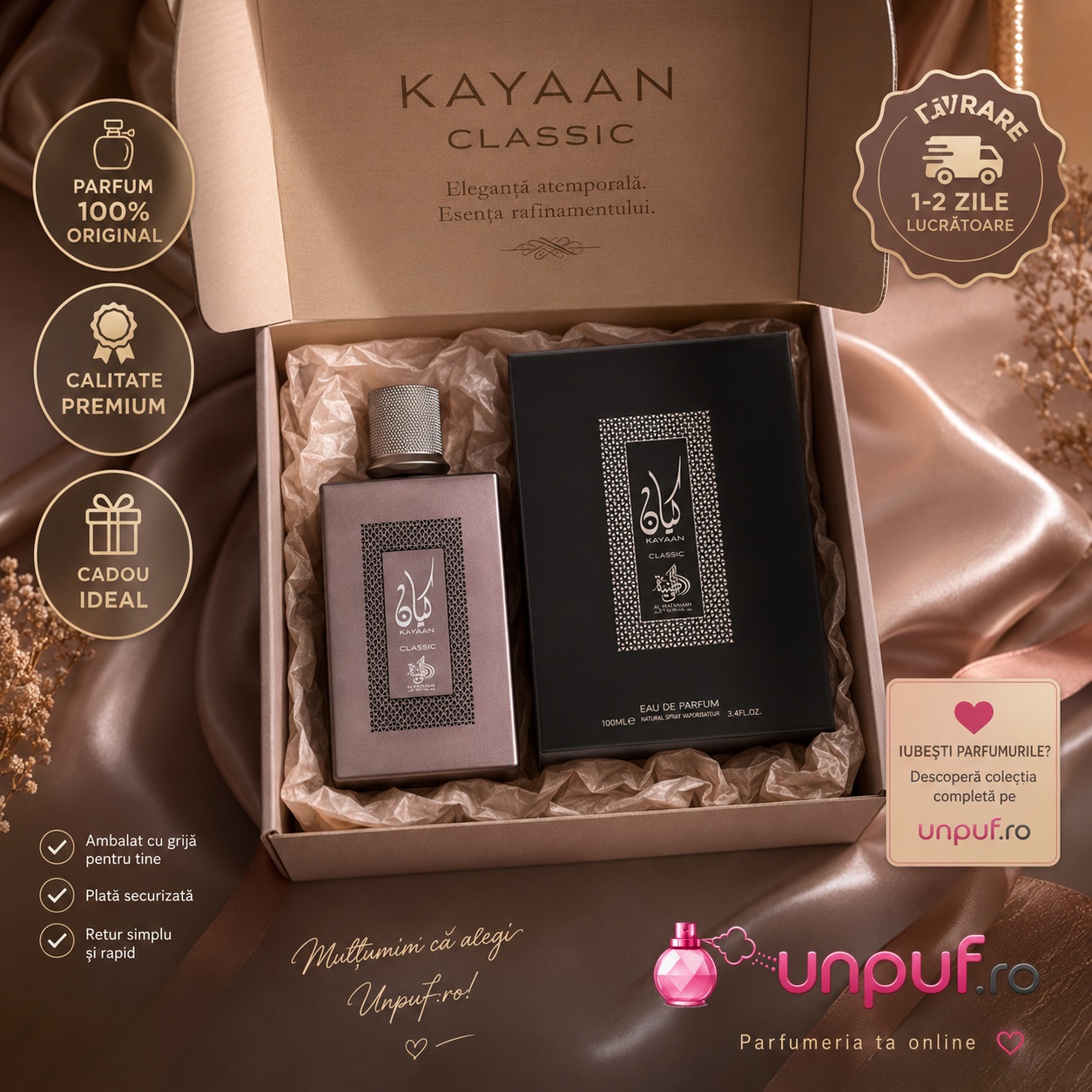 Ce primești în colet la parfumul Al Wataniah Kayaan Classic, ambalaj premium UnPuf.ro și prezentare cadou