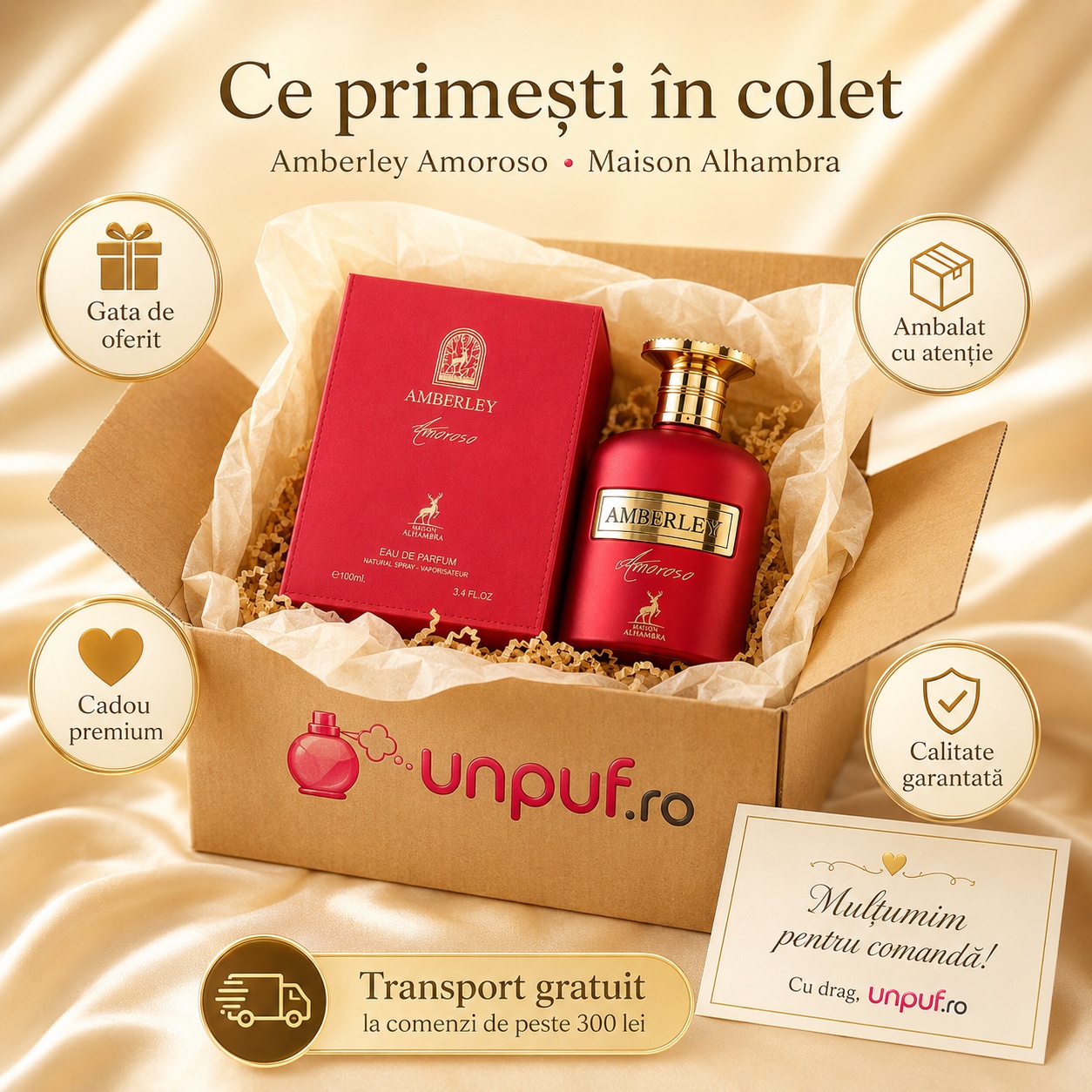 Ce primești &icirc;n colet Parfum Alhambra Amberley Amoroso Maison Alhambra 100 ml ambalat cu atenție