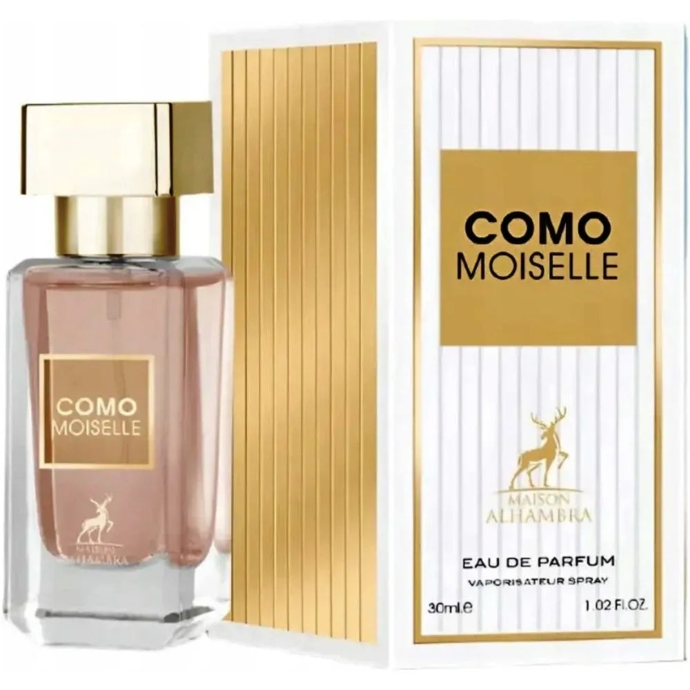 Produs real Alhambra Como Moiselle 30 ml cu sticlă roz și cutie albă aurie Maison Alhambra