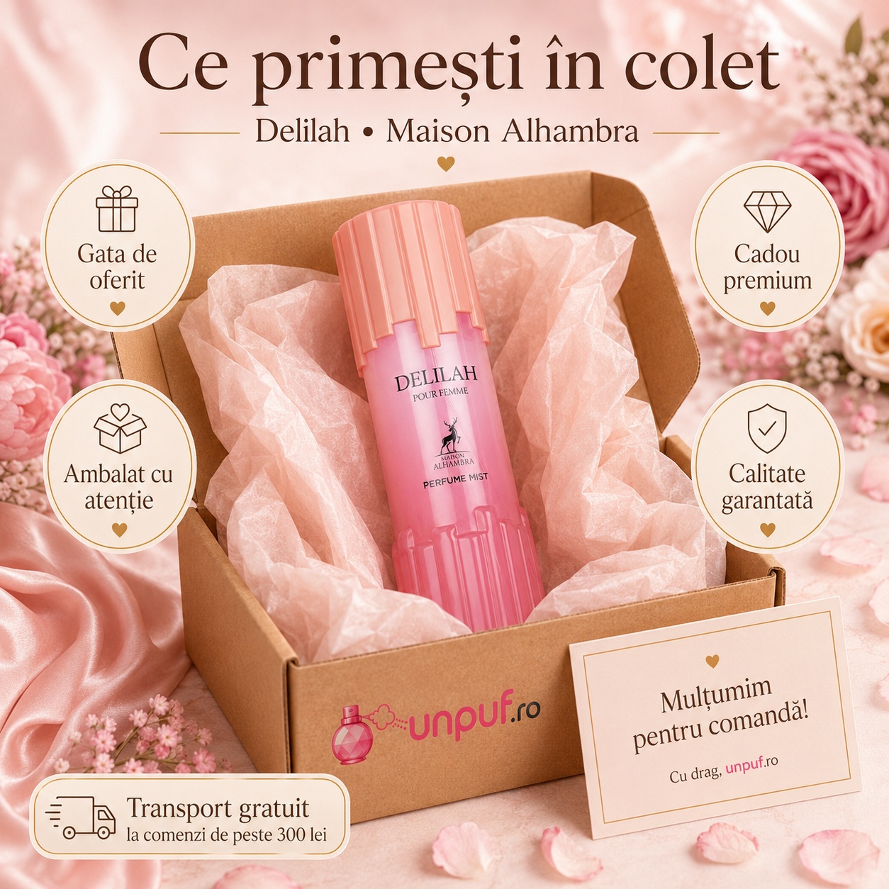 Ce primești în colet la Alhambra Delilah Pour Femme Body Mist, ambalaj premium UnPuf.ro și prezentare cadou