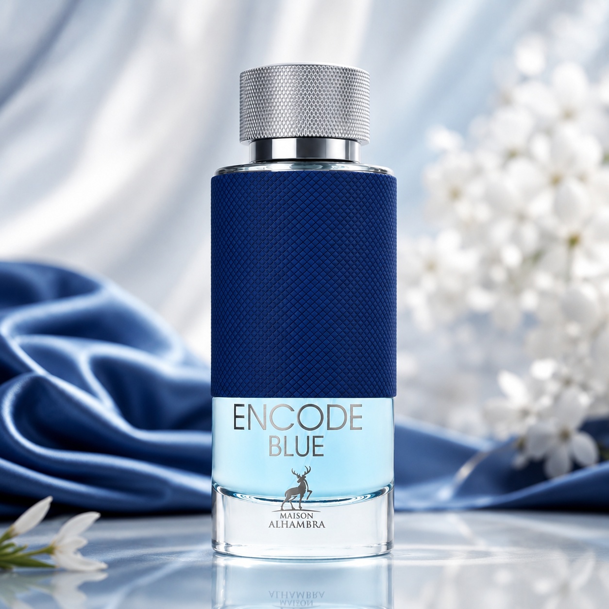 Sticlă parfum Alhambra Encode Blue Maison Alhambra 100 ml pe fundal luminos premium