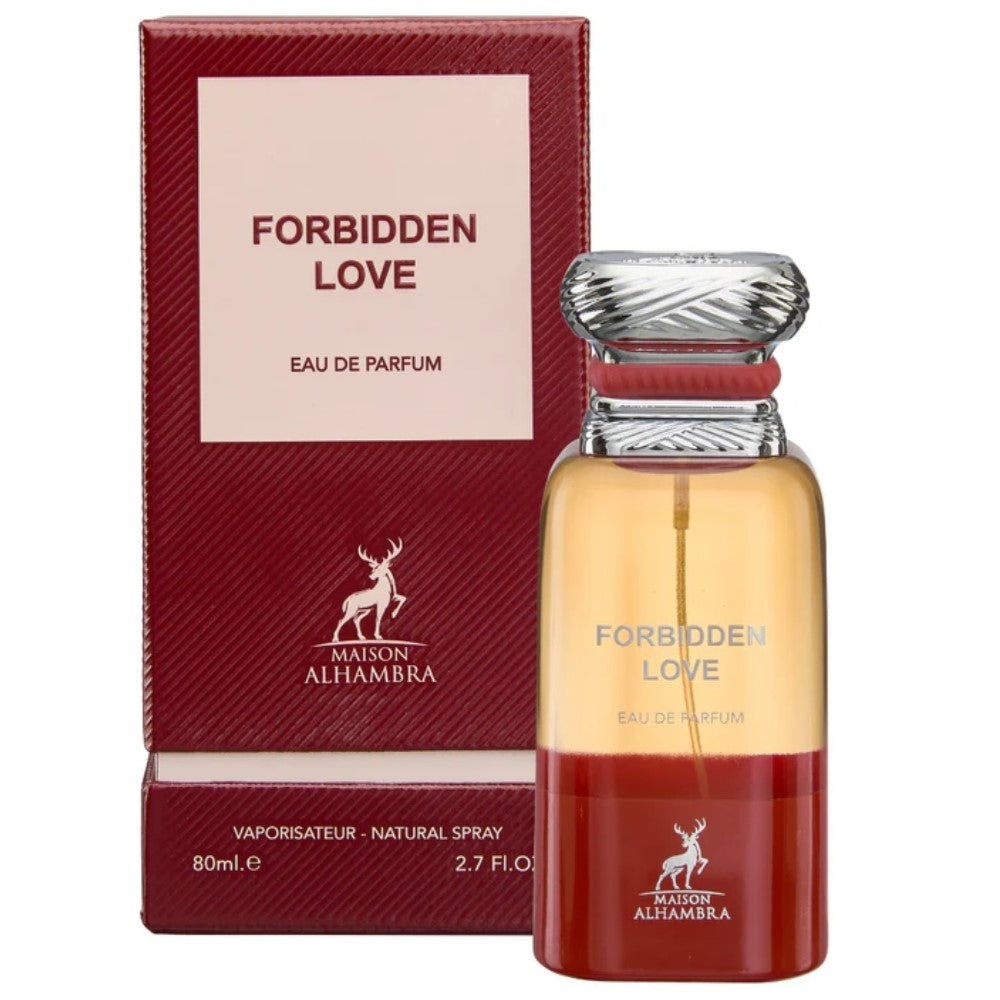 Parfum Alhambra Forbidden Love Maison Alhambra 80 ml sticlă și cutie pe fundal alb