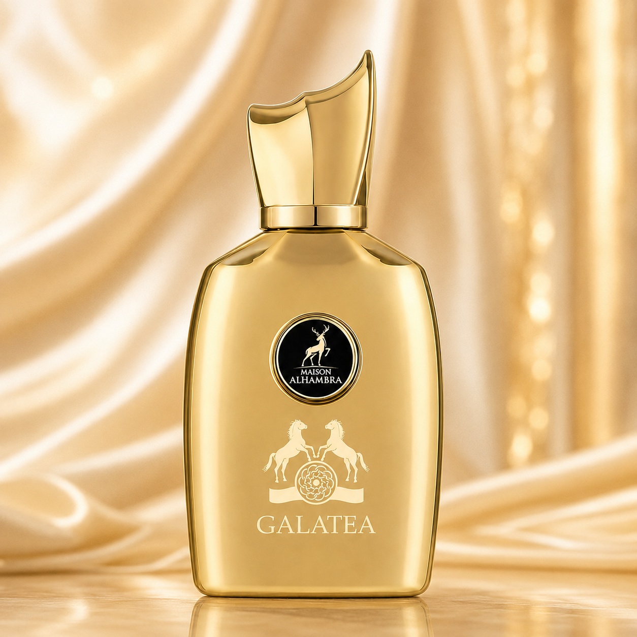 Sticlă Parfum Alhambra Galatea Maison Alhambra 100 ml pe fundal auriu premium