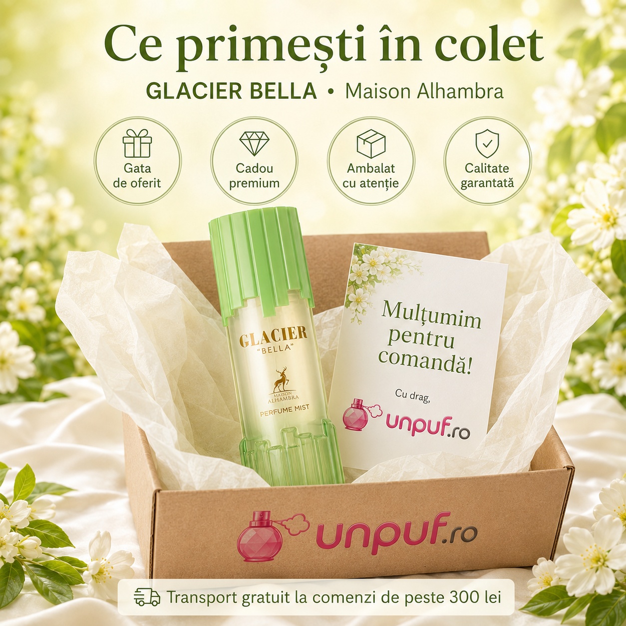 Ce primești în colet la Alhambra Glacier Bella Body Mist, ambalaj premium UnPuf.ro și prezentare cadou