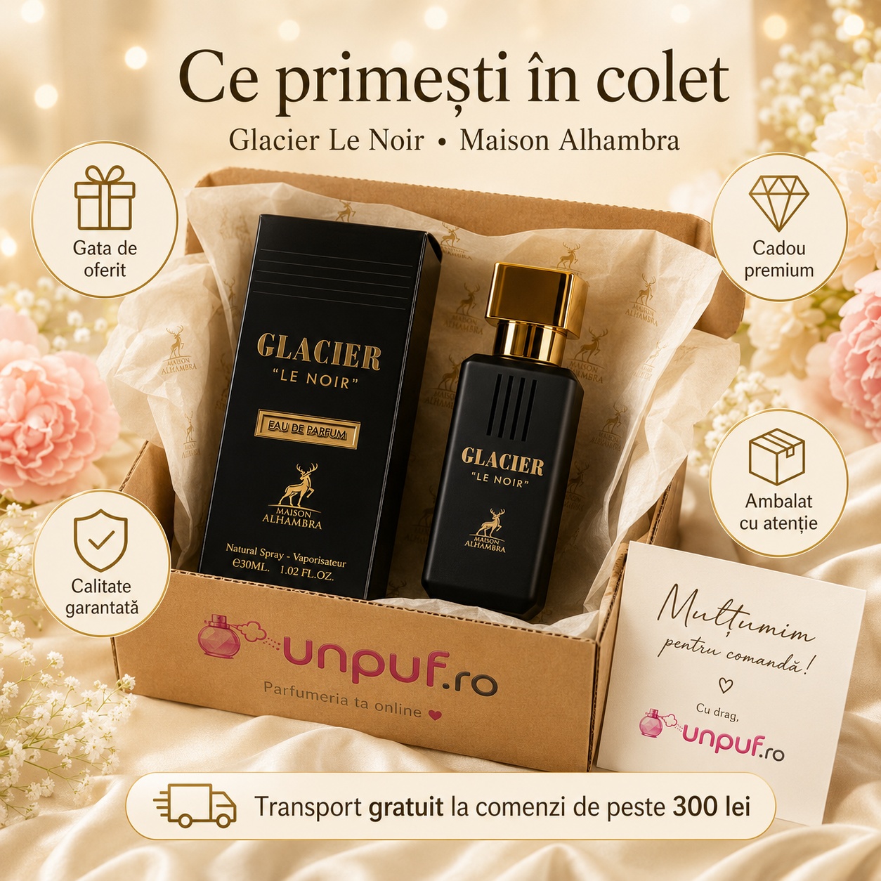 Ce primești &icirc;n colet Parfum Alhambra Glacier Le Noir Maison Alhambra 30 ml ambalat cu atenție