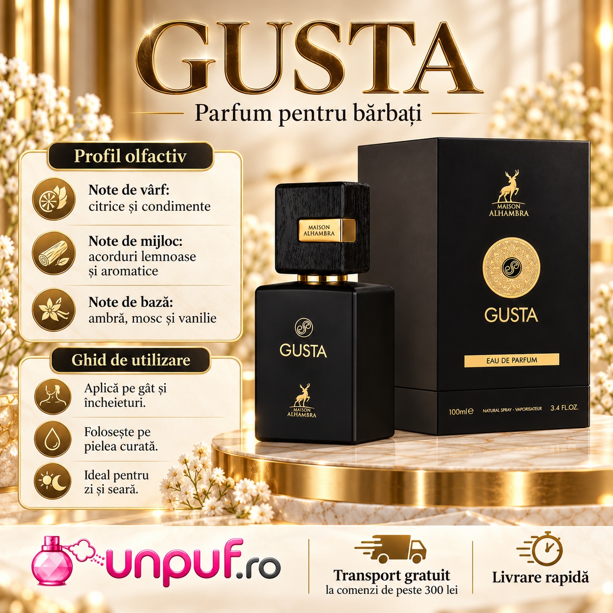 Profil olfactiv Alhambra Gusta cu note de vârf citrice și condimente note lemnoase aromatice ambră mosc și vanilie