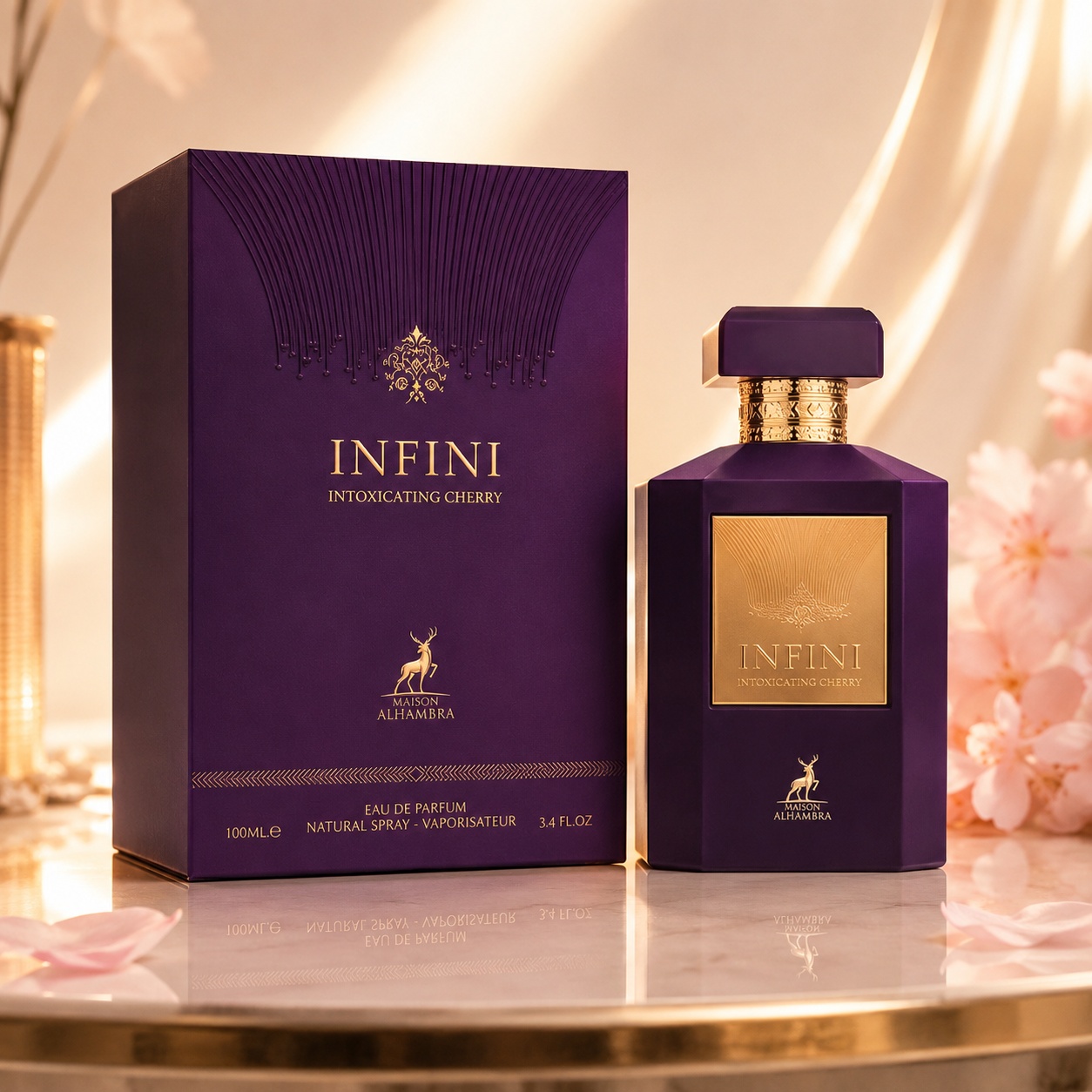 Parfum Arăbesc Alhambra Infini Intoxicating Cherry Maison Alhambra 100 ml cu sticlă mov și cutie premium