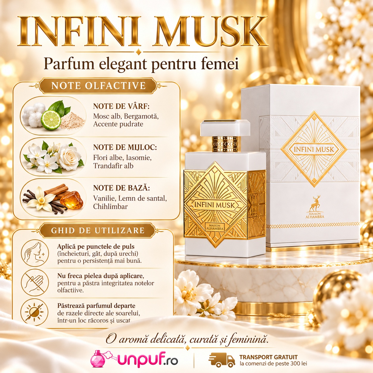 Note olfactive Alhambra Infini Musk cu mosc alb bergamotă flori albe iasomie vanilie santal și chihlimbar