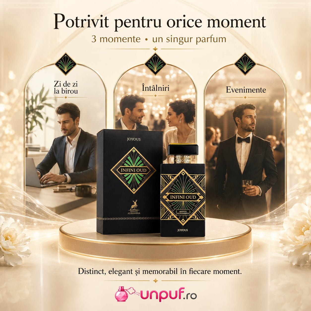 Parfum Alhambra Infini Oud Joyous potrivit pentru zi de zi la birou, &icirc;nt&acirc;lniri și evenimente