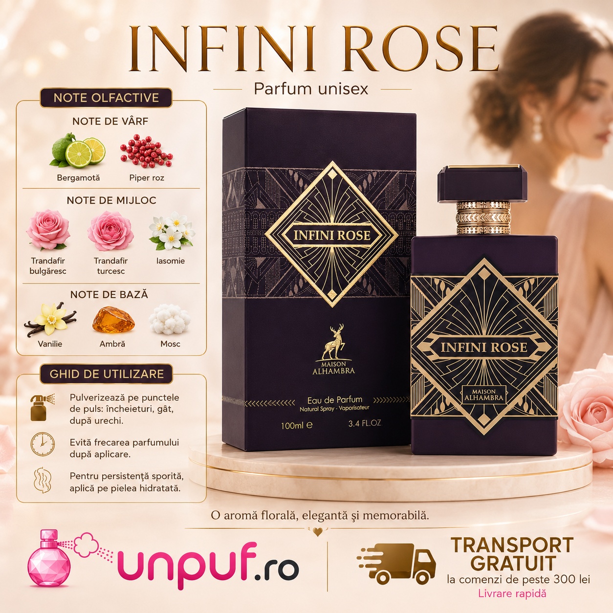 Alhambra Infini Rose note olfactive bergamotă piper roz trandafir iasomie ambră mosc vanilie