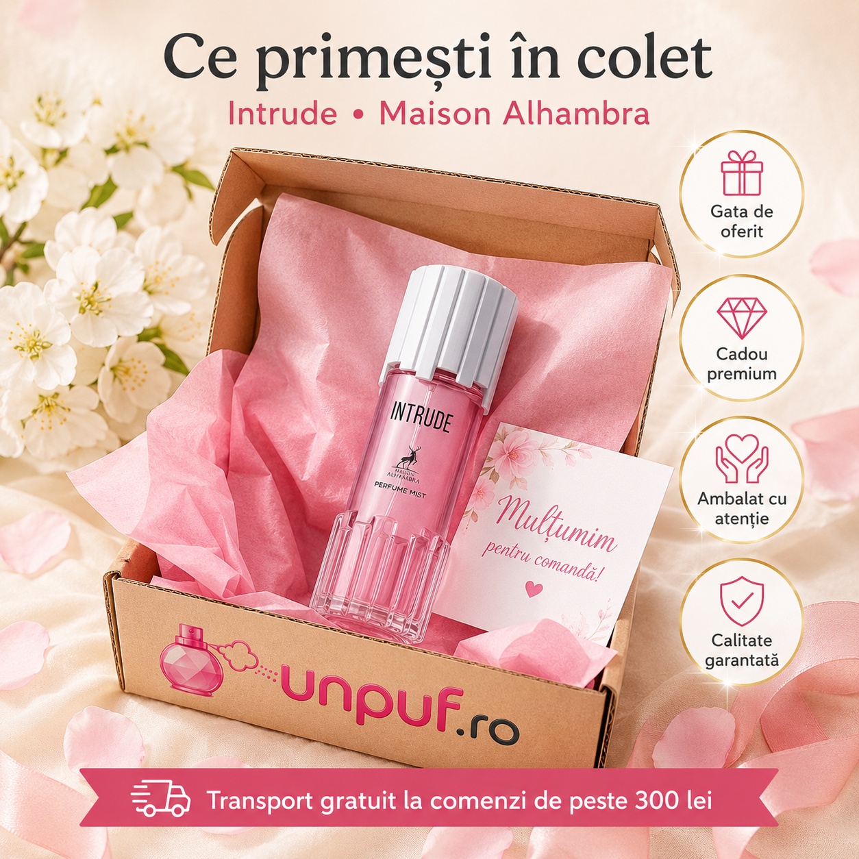 Ce primești în colet la Alhambra Intrude Body Mist, ambalaj premium UnPuf.ro și prezentare cadou