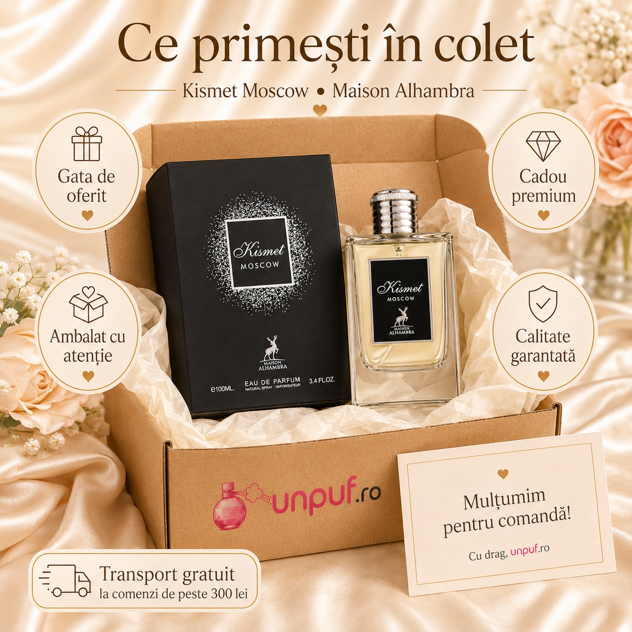 Ce primești în colet Alhambra Kismet Moscow 100 ml, parfum original și ambalaj premium