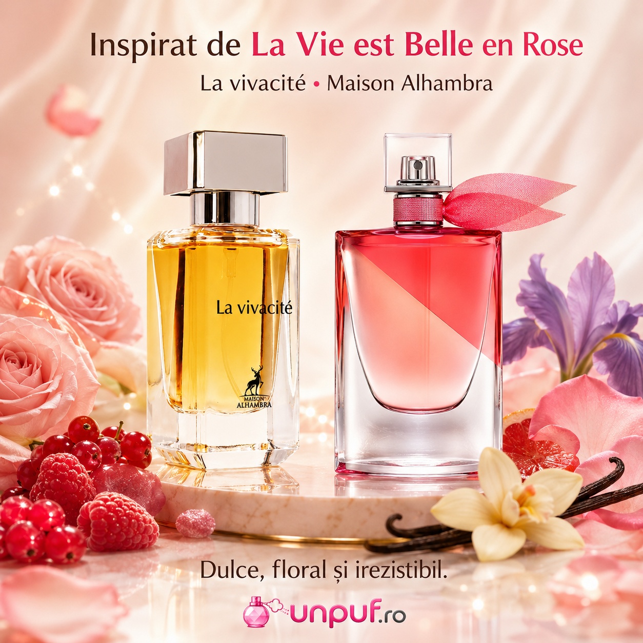 Parfum Alhambra La Vivacite inspirat de La Vie est Belle en Rose, dulce, floral și feminin